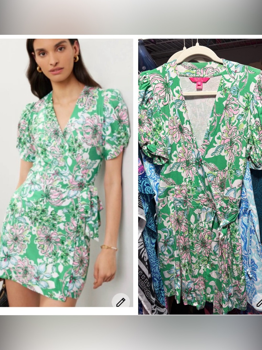 Lilly Pulitzer sailynn wrap romper green with Pink & White Blooms